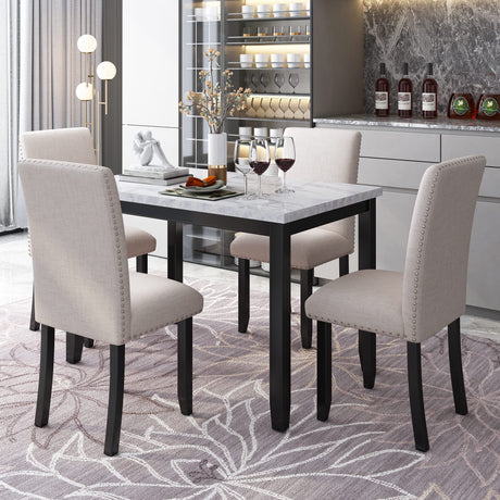 5 Pieces Dining Table Set, Elegant Faux Marble Desk and 4 Upholstered Cushion Chairs, Perfect for Kitchen, Breakfast Nook, Bar, Living Room Merax