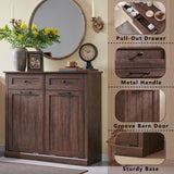 IFGET Double Tilt Out Trash Cabinet, Hidden Wooden Trash Can Cabinet, Farmhouse Laundry Hamper Cabinet, Trash Garbage Can Bin Cabinet with Storage Basket for Living Room, Kitchen, Brown IFGET