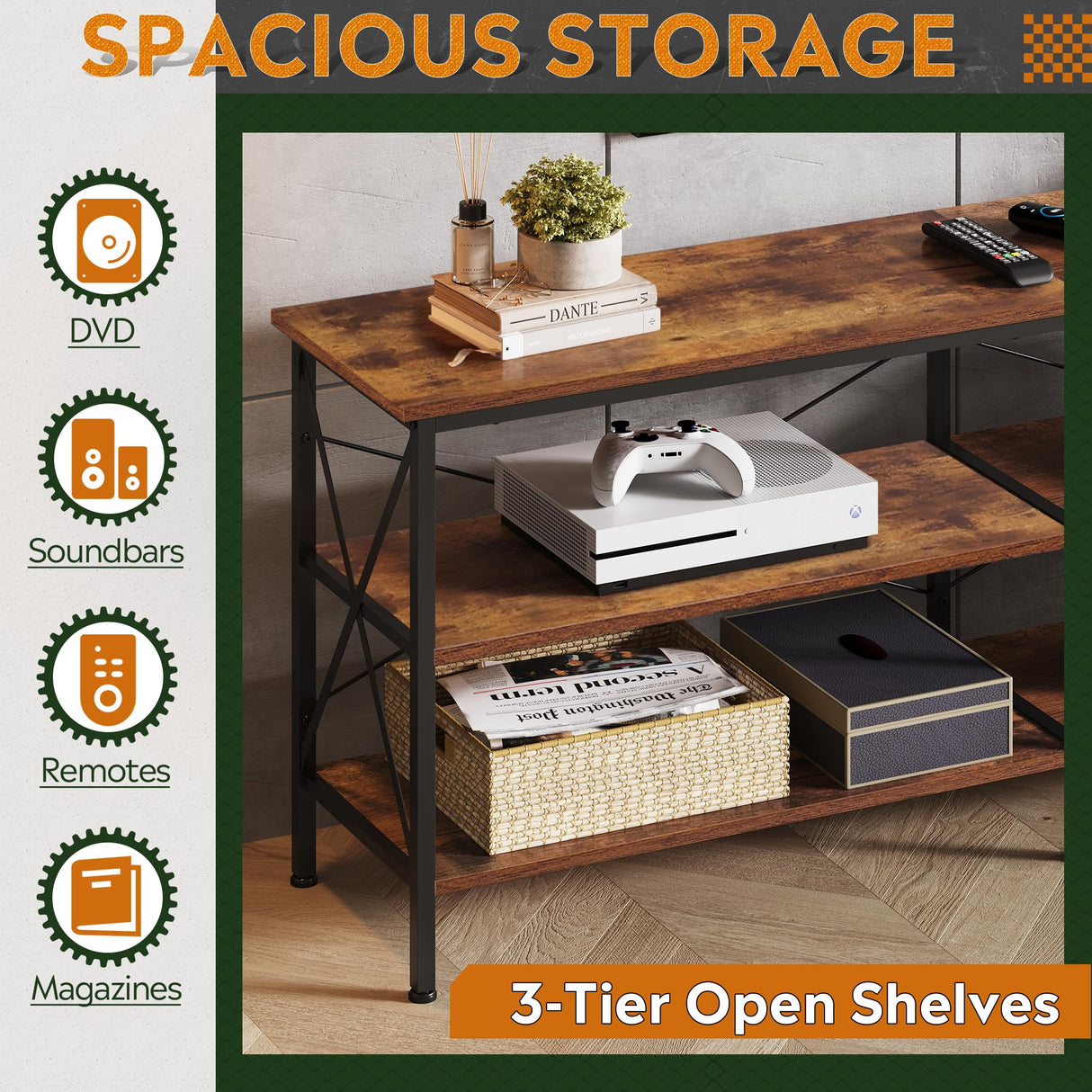 WLIVE TV Stand up to 70 Inch TV, 63" Entertainment Center, TV Media Console with 3-Tier Storage Shelves for Living Room and Bedroom, Rustic Brown WLIVE