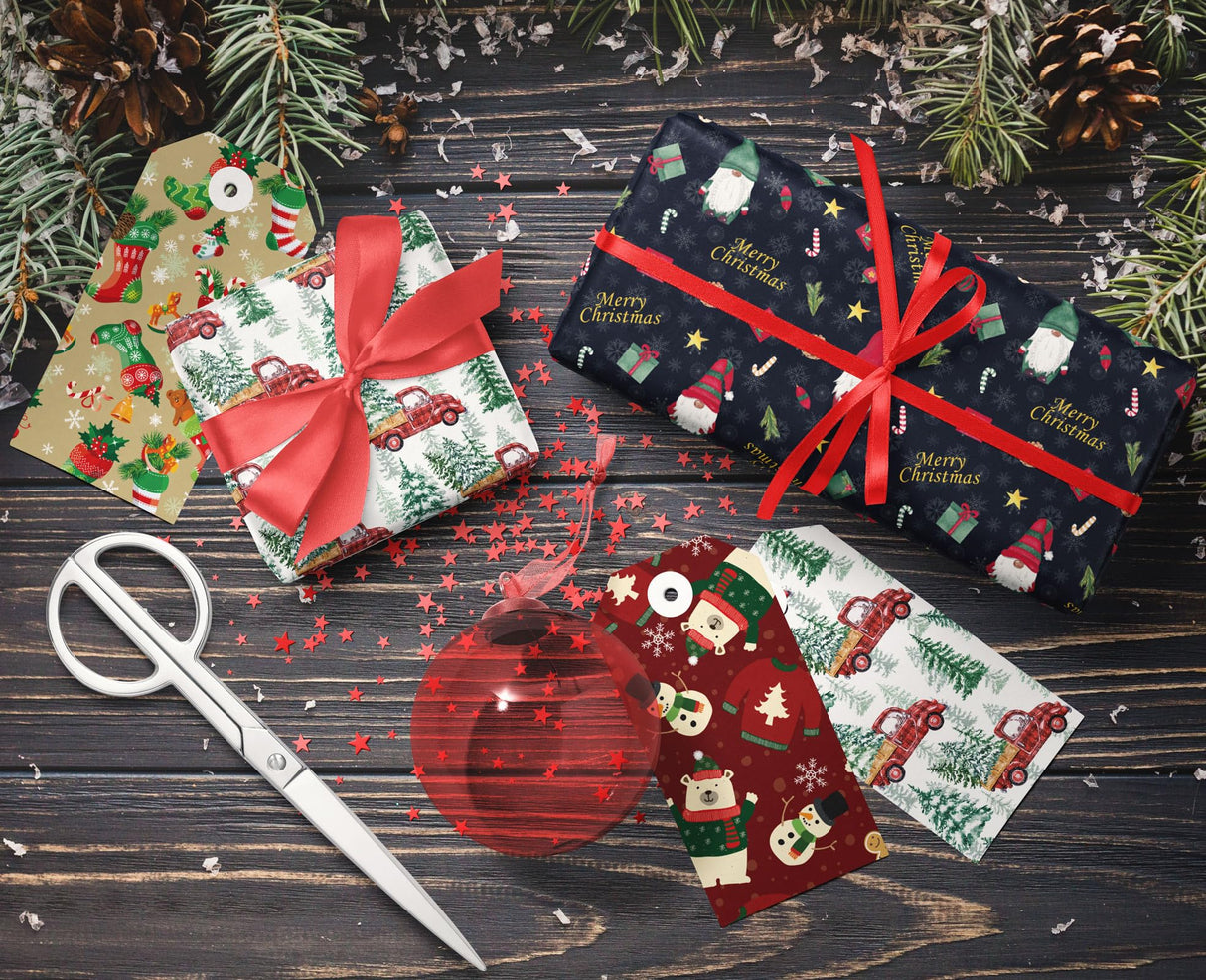 GIOLNIAY Christmas Wrapping Paper for Kids Boys Girls - Wrapping Paper Christmas Bundle with Santa, Green Stockings, Red Truck, Woodland Designs - 6 Jumbo Sheets (28 x 40 inches), Easy to Store GIOLNIAY