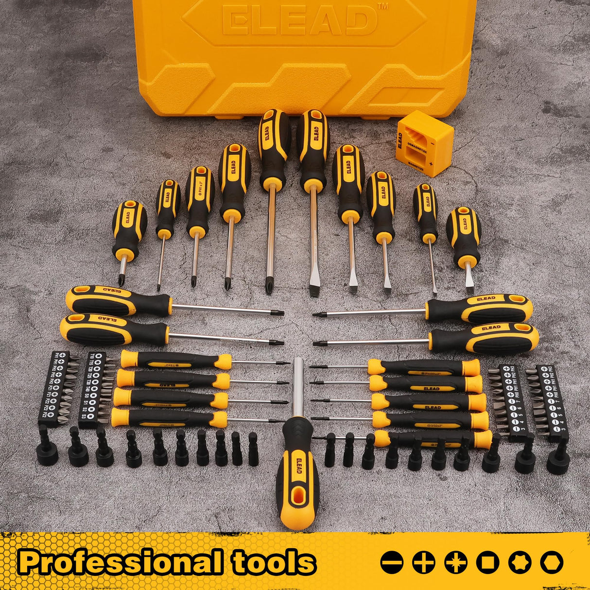 Magnetic Screwdriver Set with Case: 86-Piece Slotted Phillips, Hex, Torx, Precision, Nut Drivers, Driver Bits and Magnetizer, Ergonomic Handle, Ideal for Mechanics and Professionals ELEAD