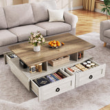 YITAHOME Farmhouse LED Coffee Table with Storage 4 Drawers, Wood Coffee Tables for Living Room, 2 Tiers Open Display Area with Metal Chic Handles, Industrial Cocktail Center Table, Brown and Oak YITAHOME