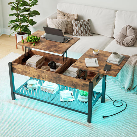 HOJINLINERO Lift Top Coffee Table with Storage/LED Lights,41.7" Small Coffee Table for Living Room,Farmhouse Coffee Table with Storage Shelf and Hidden Compartment,Dining Table Center Table,Brown HOJINLINERO