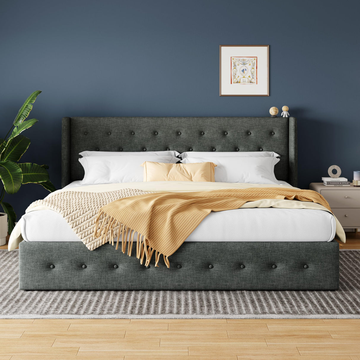 HOOMIC King Size Hydraulic Lift Up Storage Bed with Wingback Headboard in Dark Grey HOOMIC