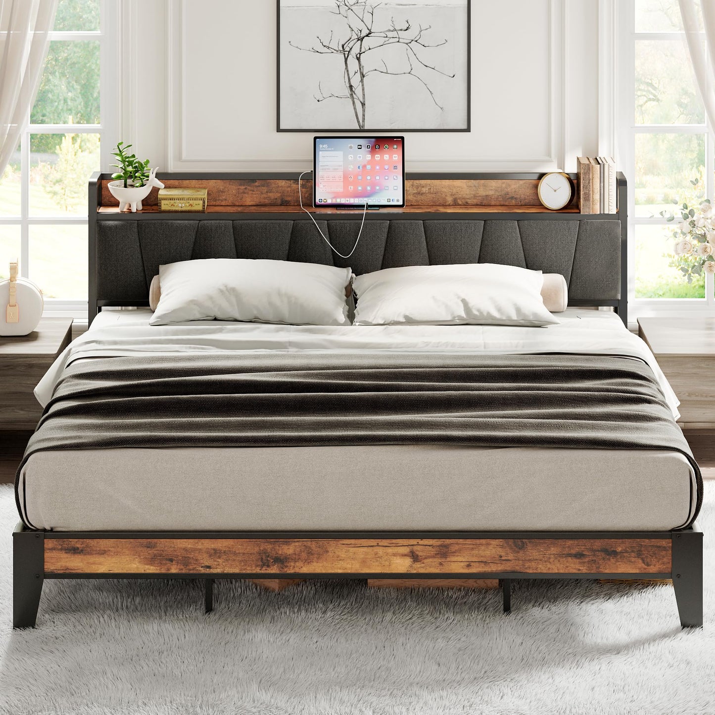 LIKIMIO King Size Bed Frame with Storage Headboard and Charging Station, Solid Construction, Easy Assembly - WoodArtSupply