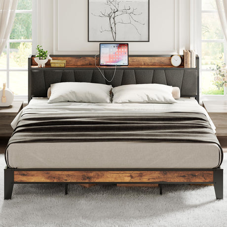 LIKIMIO King Size Bed Frame with Storage Headboard and Charging Station, Solid Construction, Easy Assembly LIKIMIO
