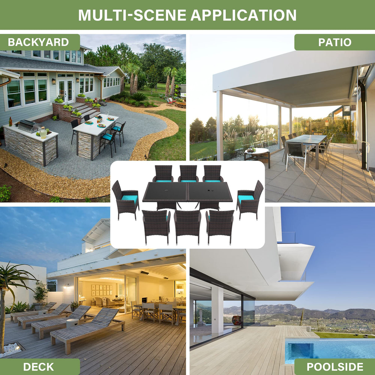 ALAULM 10 Piece Patio Dining Set All-Weather Wicker Outdoor Patio Furniture Set w/Tempered Glass Tabletop, Removable Cushions and Umbrella Hole for Patio, Backyard, Garden, Poolside (Blue) ALAULM