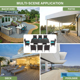 ALAULM 10 Piece Patio Dining Set All-Weather Wicker Outdoor Patio Furniture Set w/Tempered Glass Tabletop, Removable Cushions and Umbrella Hole for Patio, Backyard, Garden, Poolside (Blue) ALAULM