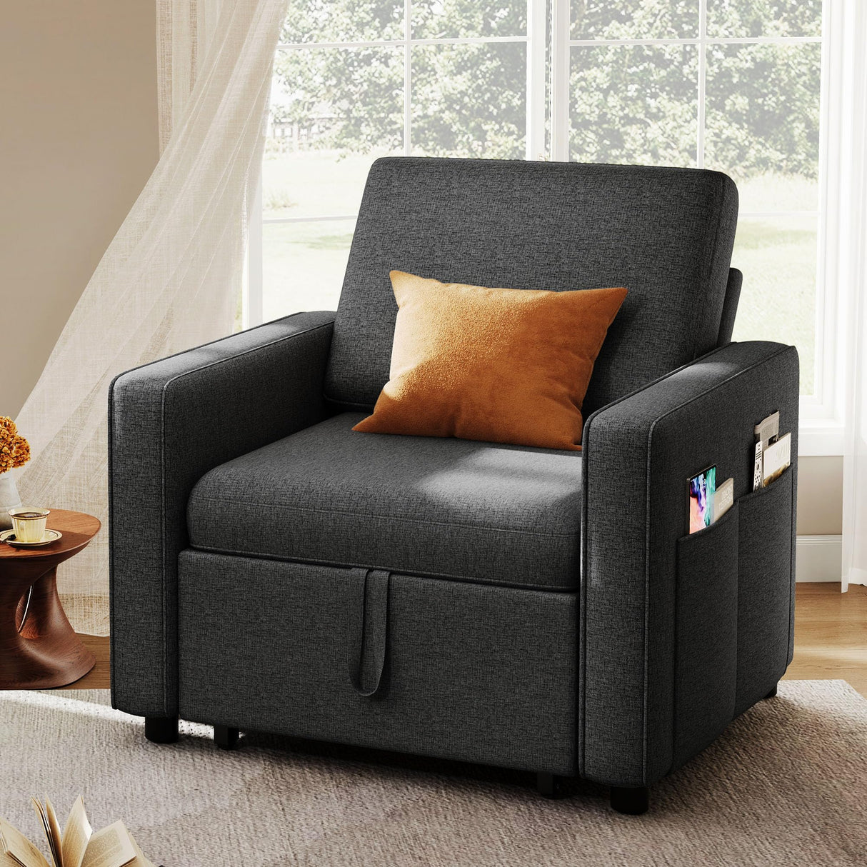 YITAHOME Convertible Sofa Chair Bed, 3-in-1 Sleeper Sofa with Pull-Out Bed, Linen Fabric Single Sleeper Chair with Reclining Backrest and Wide Armrest, Modern Lounge Chair for Small Space, Grey YITAHOME