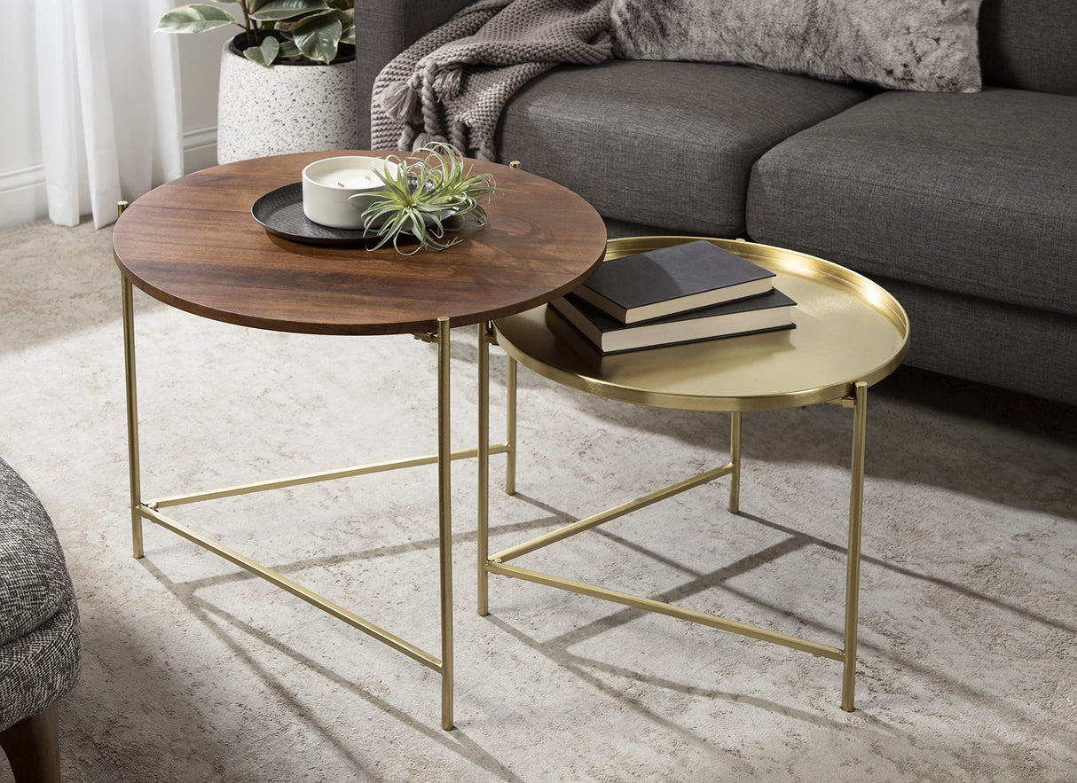 Kate and Laurel Ulani Modern Nesting Coffee Table, Set of 2, Walnut and Gold, 22.5 x 20.25, Decorative Sophisticated Mango Wood and Metal End Tables for Display and Storage Kate and Laurel