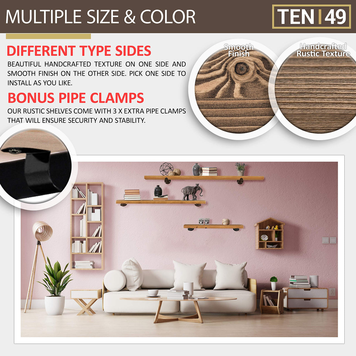 TEN49 Real Wood Rustic Floating Shelves - 60x12 Extra Large Wooden Pipe Shelving for Wall - Wall Shelf For Fireplace Mantel, Bedroom, Living Room, Kitchen, Laundry - Dark Espresso Color - Set of 1 TEN49