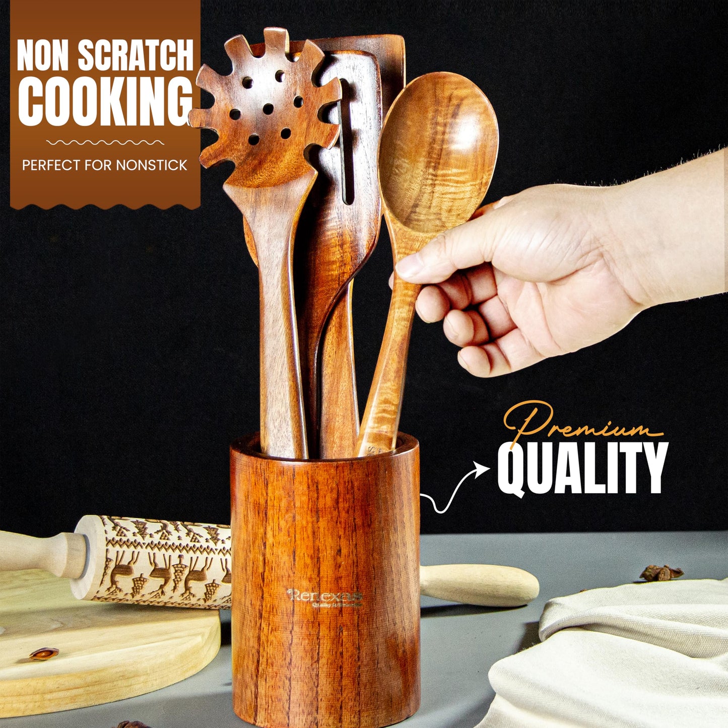 Renexas 9 Pcs Wooden Spoons for Cooking Utensils, Natural Teak Wooden Cooking Spoons with Nonstick Spatula Set, Bamboo Kitchen Utensils With Holder, Wood Spoon Set for Kitchen Essentials