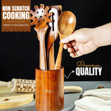 Renexas 9 Pcs Wooden Spoons for Cooking Utensils, Natural Teak Wooden Cooking Spoons with Nonstick Spatula Set, Bamboo Kitchen Utensils With Holder, Wood Spoon Set for Kitchen Essentials Renexas