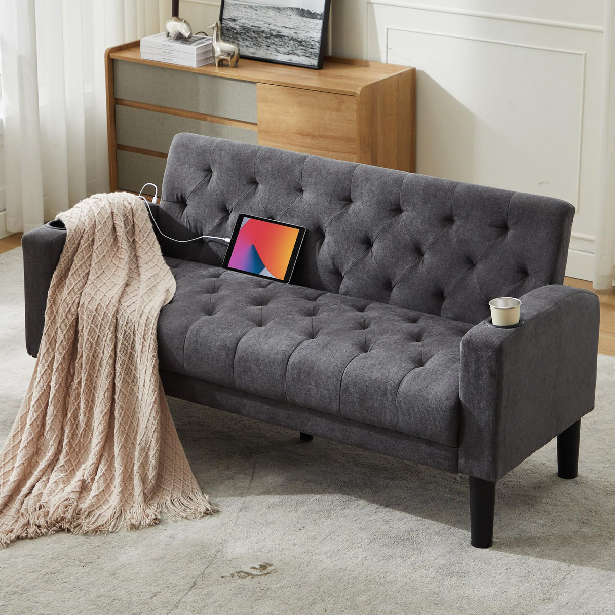 TYBOATLE Mid-Century Modern Tufted Loveseat Sofa w/ 2 USB Charger Ports and 2 Cupholders, Linen Fabric Small Love Seat Couches for Compact Living Room, Bedroom, Apartment, Dorm, 62" W (Dark Grey) TYBOATLE