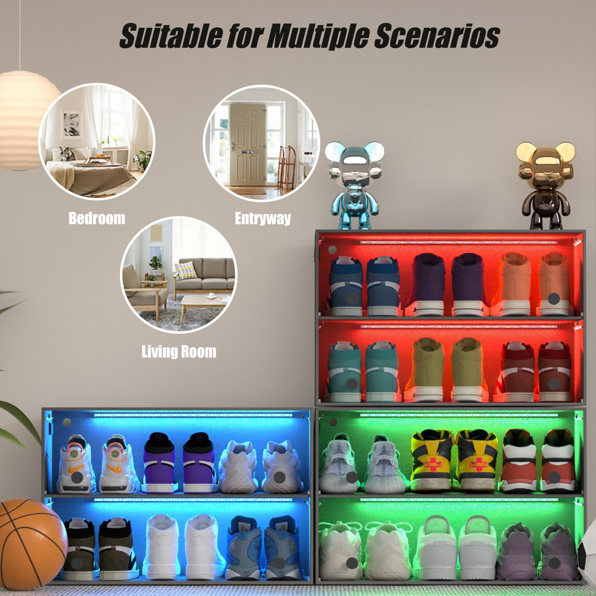 FUQIAOTEC LED Shoe Storage Box, 2-Tier Red Wood Stackable Shoe Box with Clear Door and App Control, Display Sneakers Organizer Box with USB Interface and Music Playback FUQIAOTEC