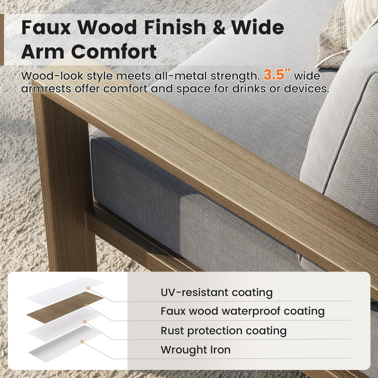 UDPATIO 6 Piece Patio Furniture Set, Faux Wood Metal Outdoor Sectional Sofa with 6" Thick Olefin Cushions, Wide Armrest & Coffee Table, L Shaped Outdoor Furniture for Garden, Backyard Dark Grey UDPATIO