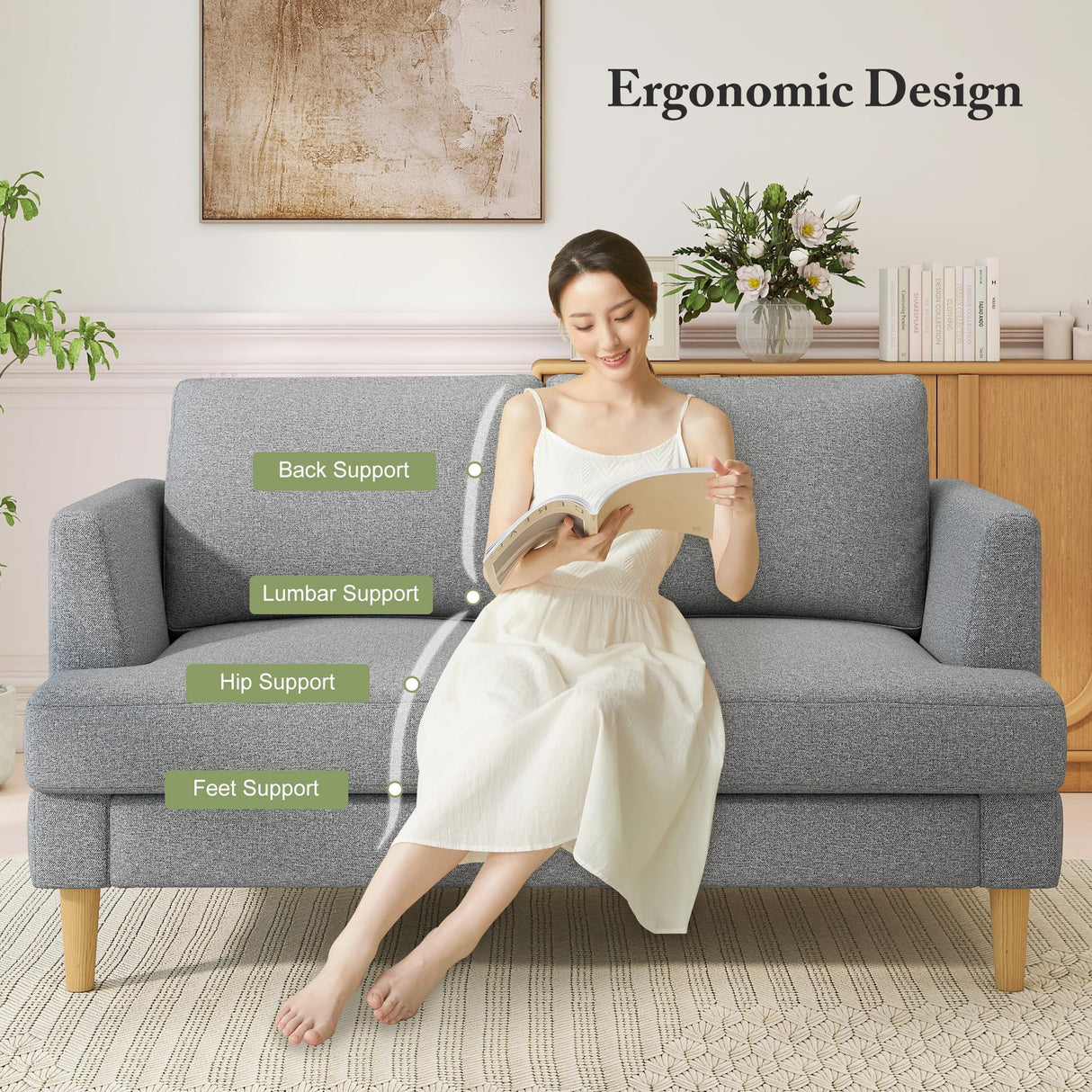 Busaurus Loveseat - Mid Century 56" Upholstered 2-Seater Couch for Living Room, Bedroom, Apartment - Grey Busaurus