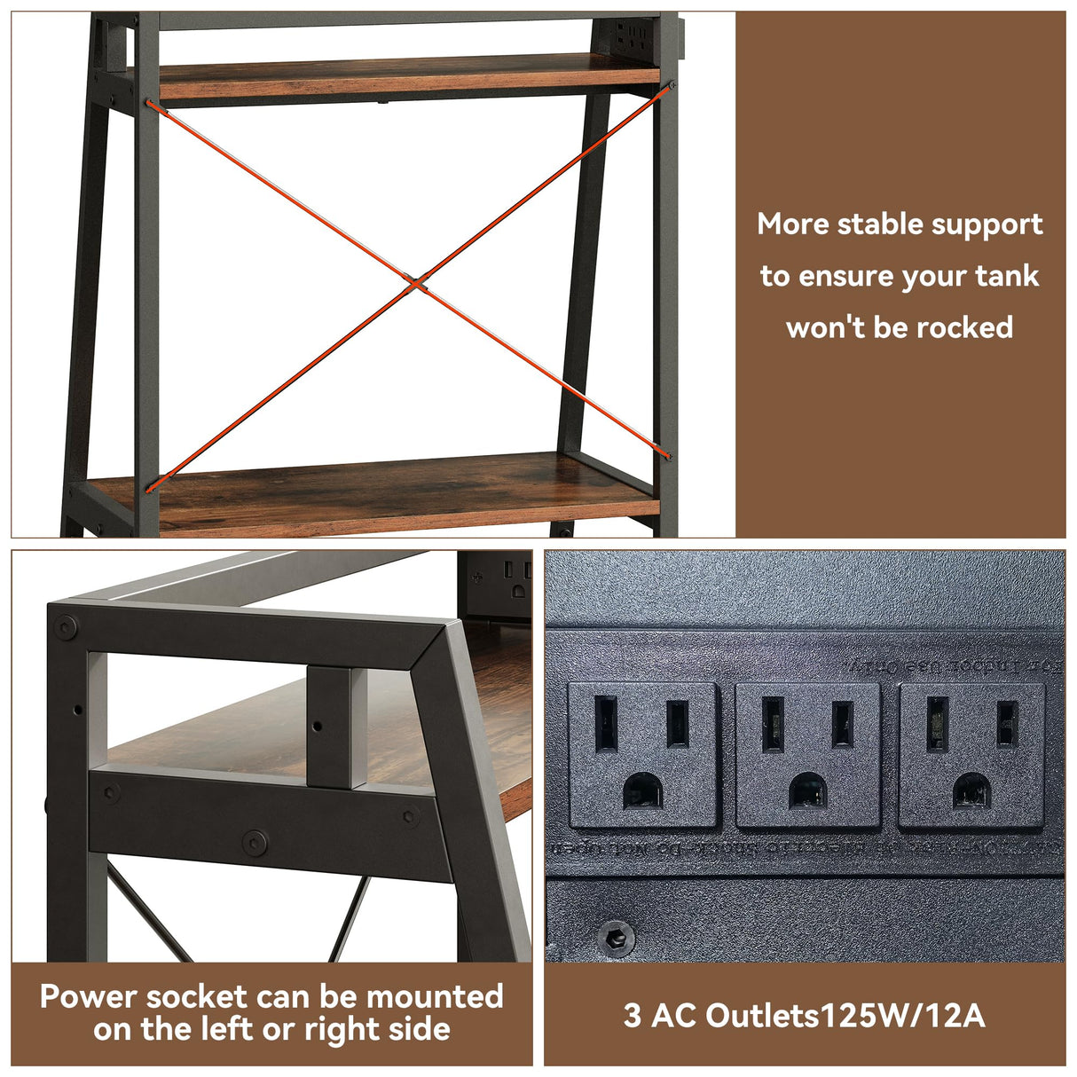 Herture 5-10 Gallon Fish Tank Stand with Shelf, Metal Frame Aquarium Stand with Storage and Power Outlet, for 2 x Fish Tank, 20.47" L*15.11" W Reptile Tank Rustic Brown PG10YGN Herture