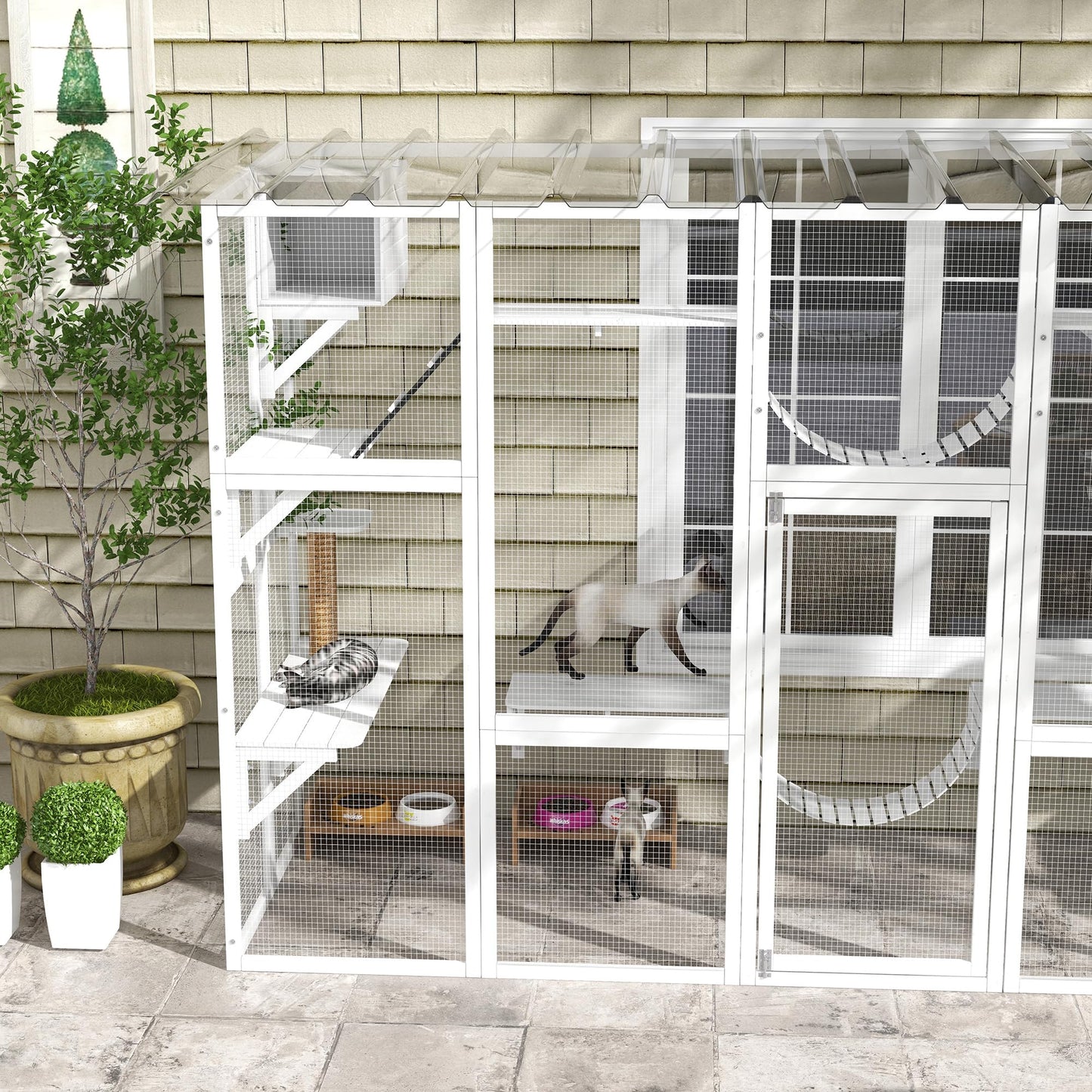 PawHut Catio Playground Cat Window Box Outside Enclosure, Outdoor Cat House with Weather Protection Roof for Multiple Kitties, Wooden Frame, Shelves & Bridges, 118" x 37.5" x 74", White - WoodArtSupply