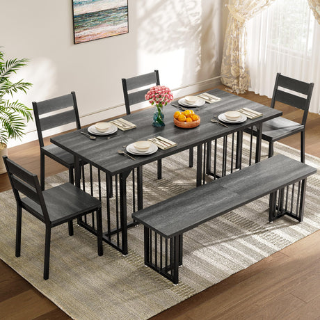 DWVO 6-Piece Dining Table Set for 6-8 People 63 Inch Kitchen Table Set with 2 Benches and 4 Chairs Farmhouse Rectangular Dining Room Table Set for Kitchen Dining Room Apartment Dark Grey DWVO