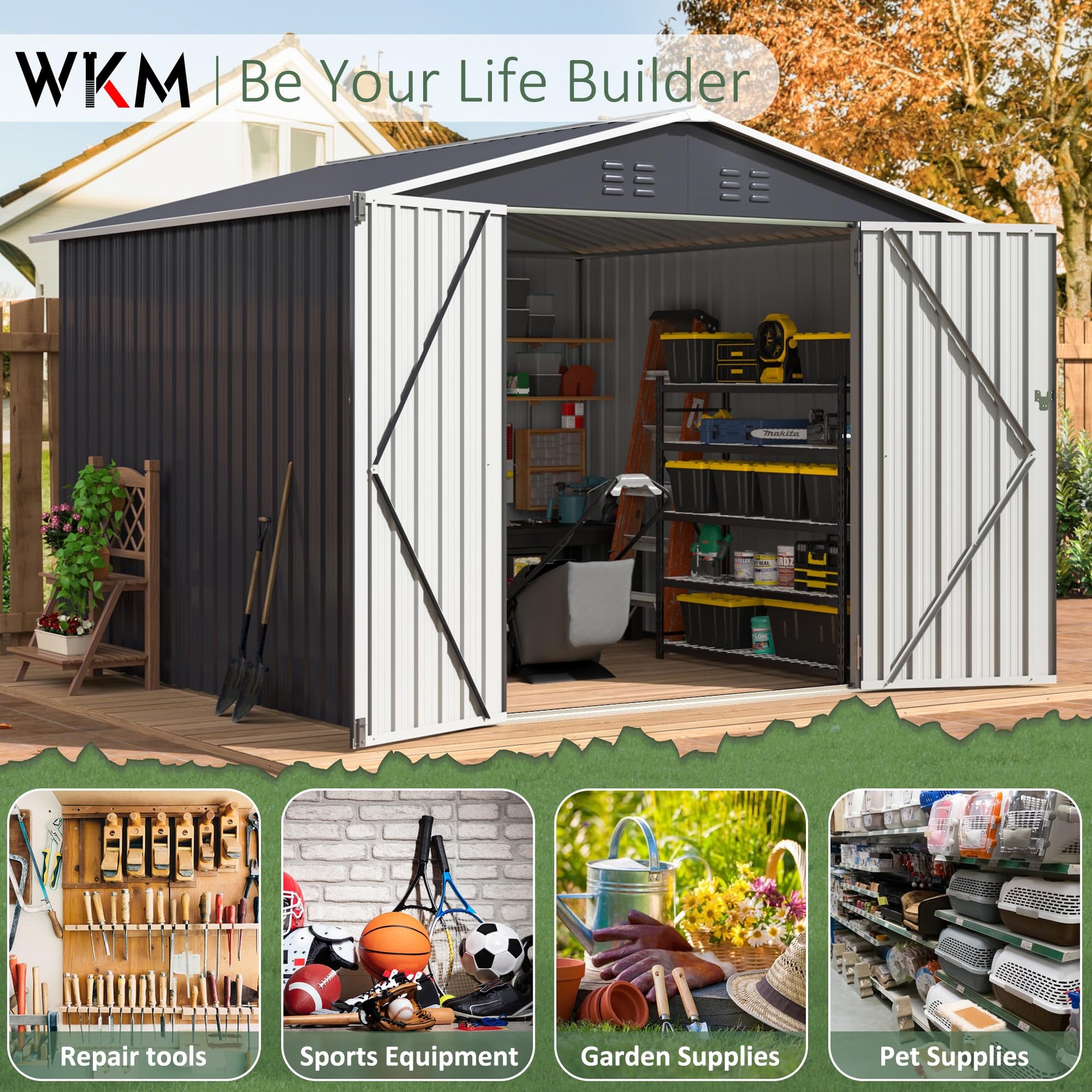 WKM 8x8 FT Outdoor Storage Shed, Utility Metal Tool Storage with Lockable Doors and Updated Frame Structure, Large Metal Garden Shed for Backyard, Patio Lawn, Black - WoodArtSupply