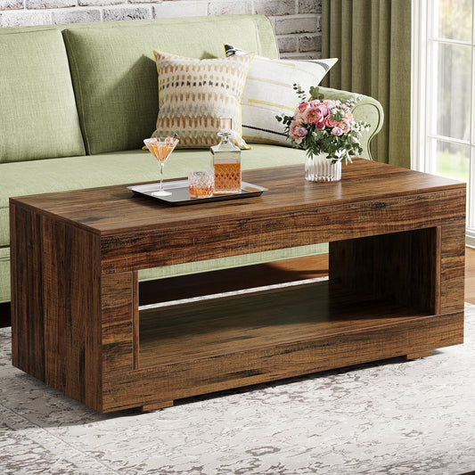 Tribesigns Coffee Table for Living Room, 43.3" Modern Farmhouse Coffee Table with Storage, 2-Tier Wood Rectangular Center Table Cocktail Living Room Table with Sturdy Base, Rustic Brown - WoodArtSupply