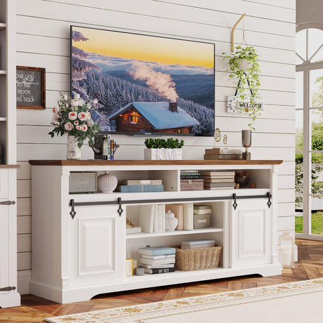 IRONCK Farmhouse TV Stand for 75+ Inch TV, 70" Entertainment Center with Storage Cabinets and Sliding Barn Door, Media Console for Living Room, White IRONCK