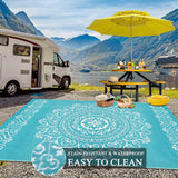 Pauwer Waterproof Outdoor Rug 9x12, Reversible Plastic Straw Patio Camping Rug, Indoor Outdoor RV Mat Carpet for Deck, Camper, Porch, Balcony, Backyard, Picnic, Floral Teal Pauwer