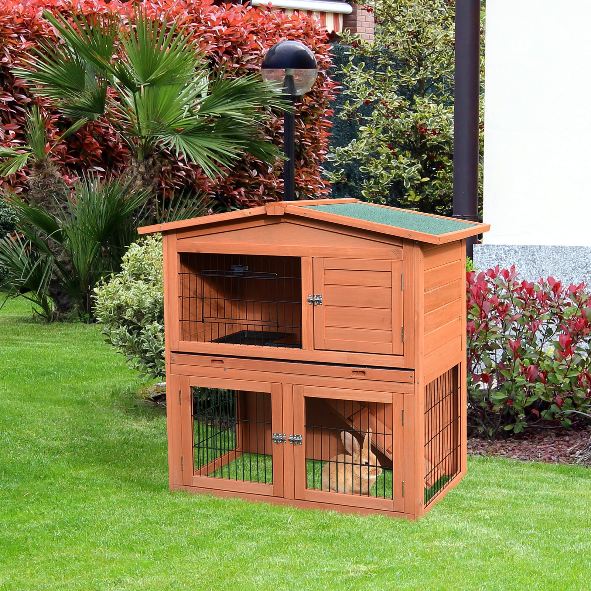 Pawhut 40" Wooden Rabbit Hutch Small Animal House Pet Cage - WoodArtSupply