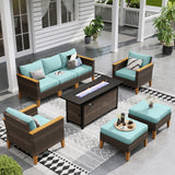 Sophia & William Patio Furniture Set with Fire Pit Table, 8 Piece Outdoor Wicker Conversation Set, Large Rattan Sectional Sofa with Ottoman & 56" Fire Pit Table(Aqua Blue) Sophia & William