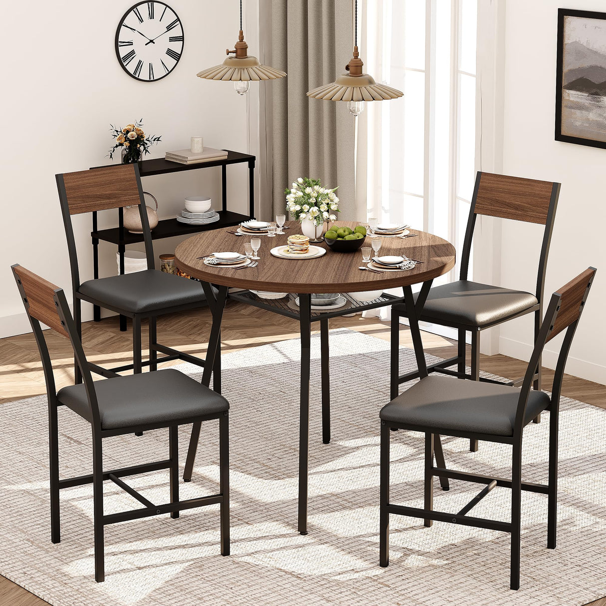 Pamapic Round Dining Table Set for 4, Kitchen Table and Chairs for 4, Dining Room Circle Dinner Pedestal Table, Solid Metal Frame,Space Saving Wood Kitchen & Dining Room Furniture,Walnut Pamapic