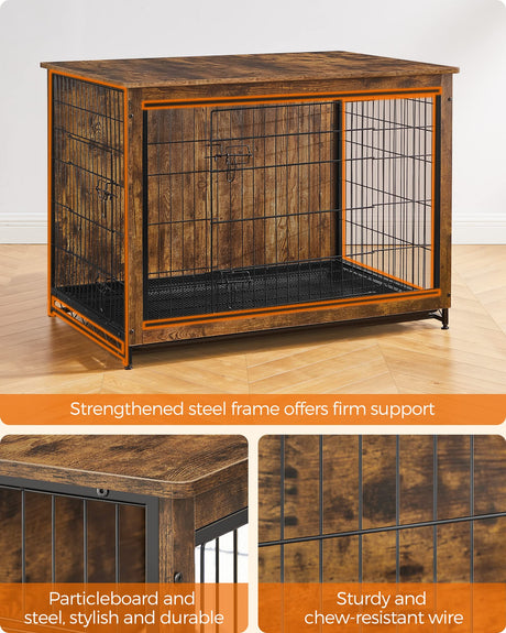 Feandrea Dog Crate Furniture, Side End Table, Modern Kennel for Dogs Indoor up to 80 lb, Heavy-Duty Dog Cage with Multi-Purpose Removable Tray, Double-Door Dog House, Rustic Brown UPFC004X01 Feandrea