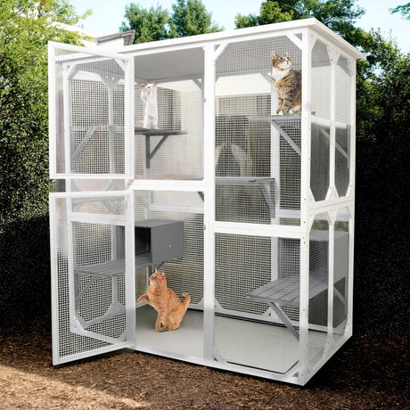 LINKHOO 71" Large Wooden Catio Outdoor Cat Enclosure with Perches and Condos, Cat House Indoor w/Waterproof Roof, 5 Platforms & 2 Resting Box, UV Resistant, Cat Shelter for Outside Patio, White LINKHOO