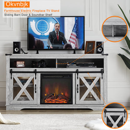 Okvnbjk Fireplace TV Stand for TVs up to 70", Entertainment Center with 18" Electric Fireplace, Farmhouse TV Stand Industrial Media Console with Sliding Barn Door for Living Room, 58 Inch, White Oak