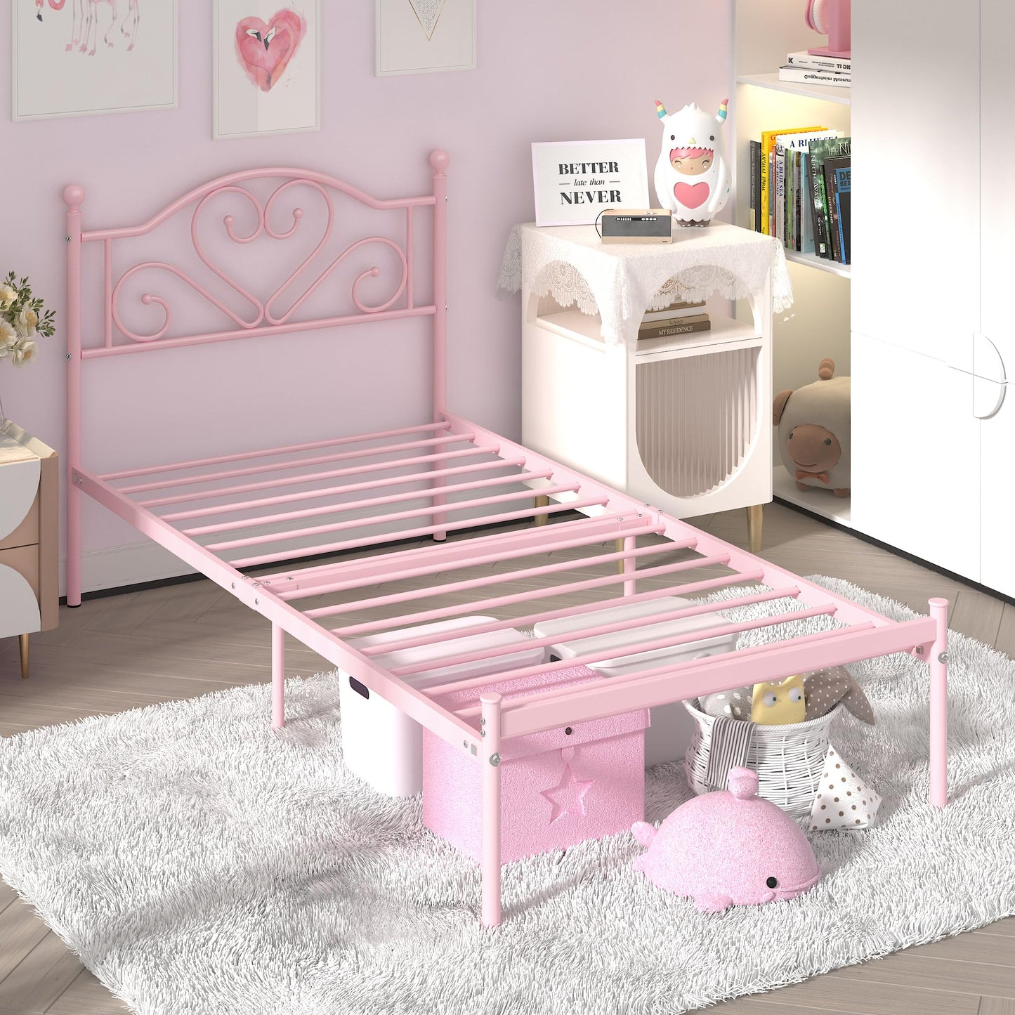 Weehom Twin Bed Frames with Headboard, Heavy Duty Metal Platform Bed Under Bed Storage Space Easy Assembly for Kids Girls Adults, Pink