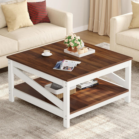YITAHOME Farmhouse Coffee Table,Square Coffee Tables for Living Room,White Coffee Table with Storage,Wood Coffee Table with Sturdy Shelves,White YITAHOME