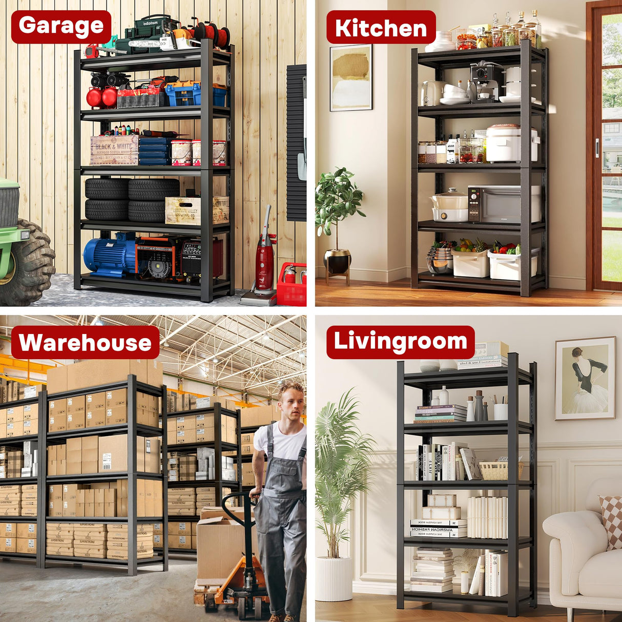 78"H,Heavy Duty 5-Tier Steel Garage Shelving Unit | 3500LB Capacity| Garage & Basement Storage | Industrial-Grade Metal Shelving for Warehouses & Workshops | Adjustable, Rust-Resistant, Black Metallitrend