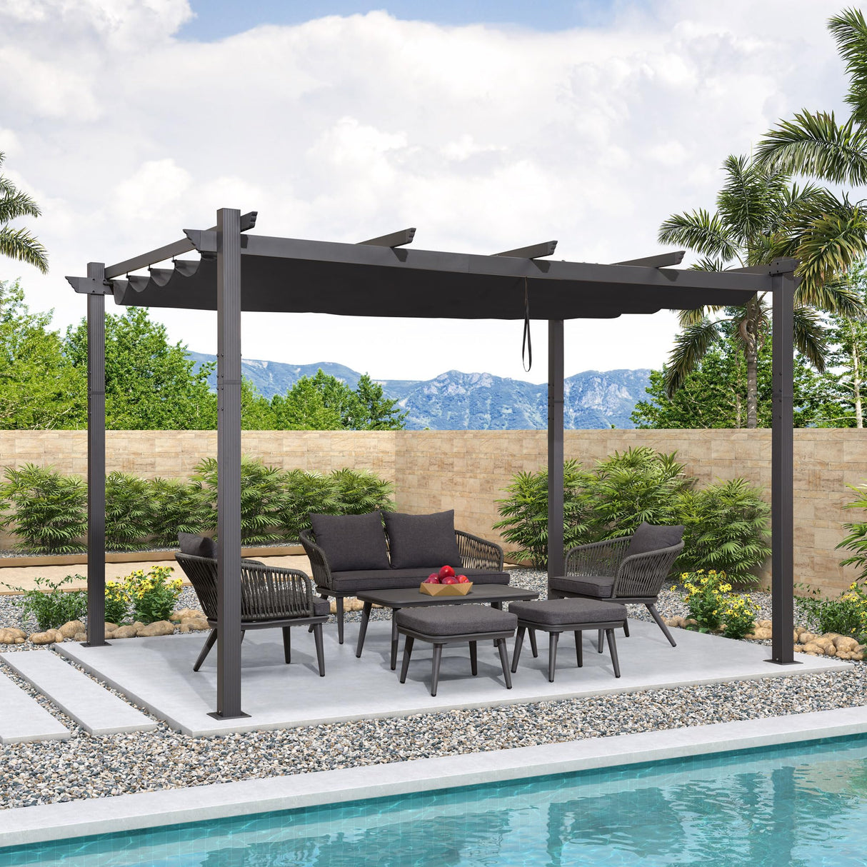 PURPLE LEAF 10' X 13' Outdoor Retractable Pergola with Sun Shade Canopy Patio Metal Shelter for Porch Garden Beach Pavilion Grill Gazebo Modern Yard Grape Trellis Pergola, Gray PURPLE LEAF