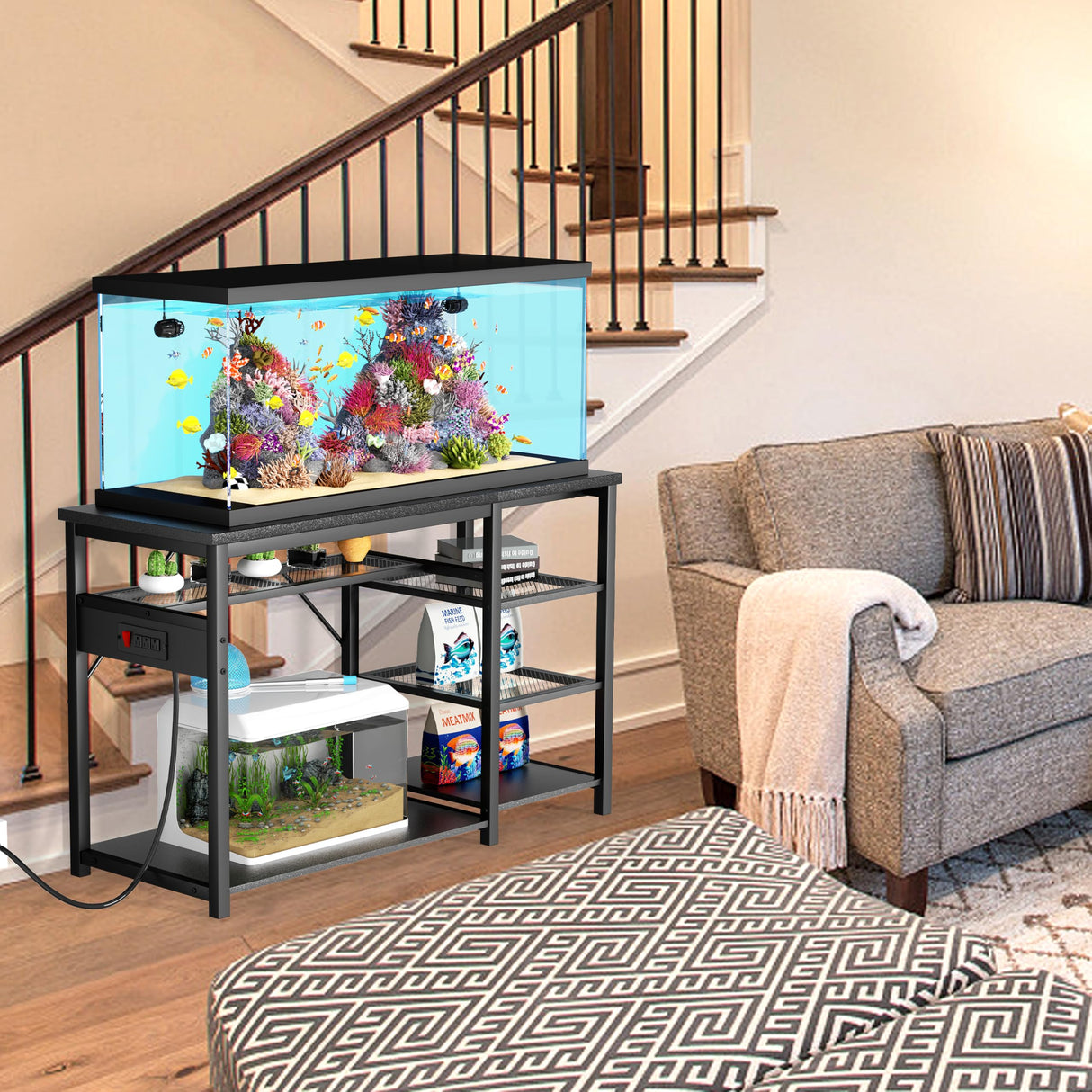 GRLEAF 55-75 Gallon Aquarium Stand: 1200LB Capacity, Built-In Power Outlets, 3-Tier Shelves for Fish Tank Accessories Storage, Heavy-Duty Steel/Wood Hybrid for Fish & Reptile Tanks | Excludes Tank GRLEAF