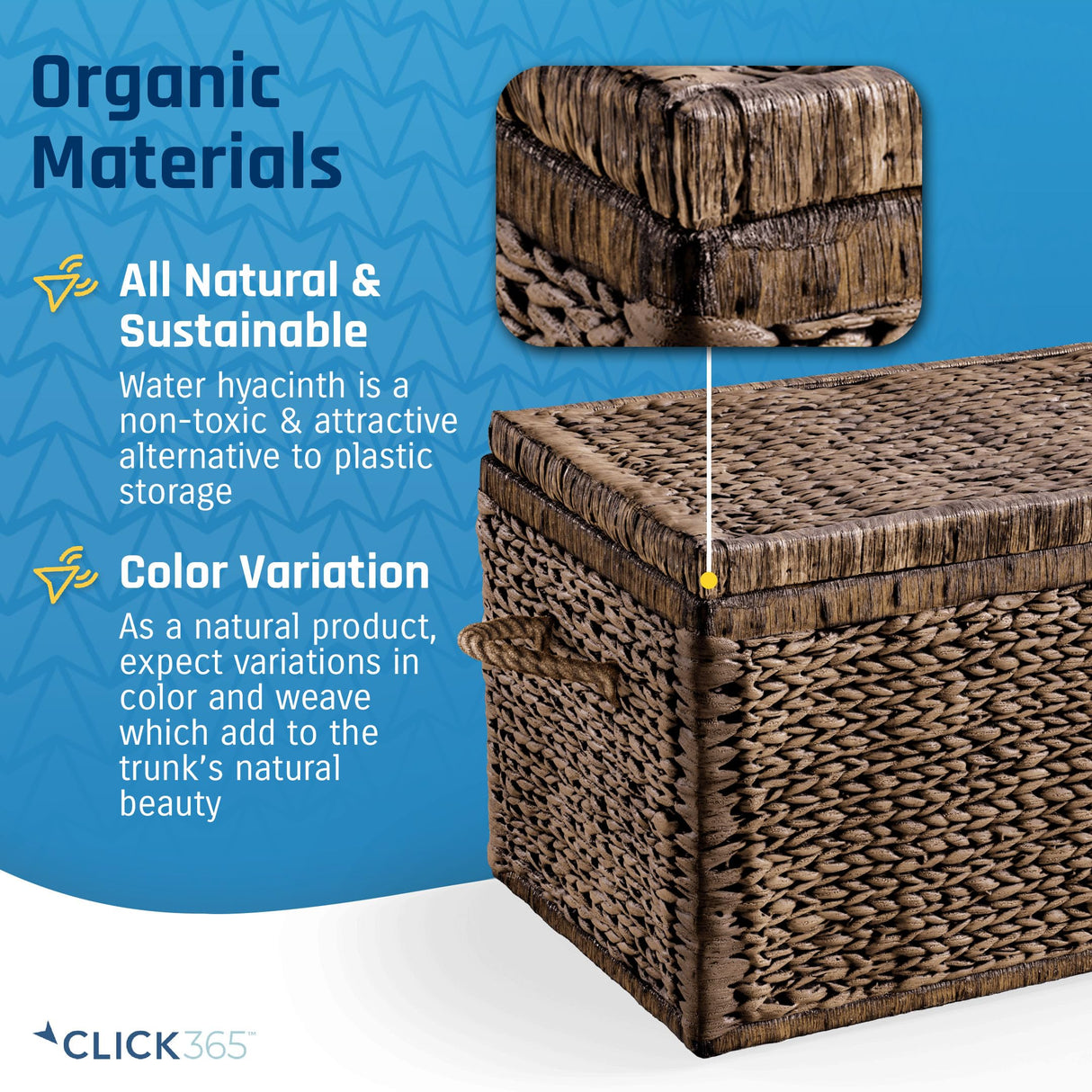Click365 Storage Trunk, Farmhouse Style, Extra Large (33”), Deep, Woven Wicker Chest With Metal Frame, 2 Handles, Flip Top Lid and Stay Open Safety Hinges, Sustainable Eco Material, Rustic Brown ClickDecor