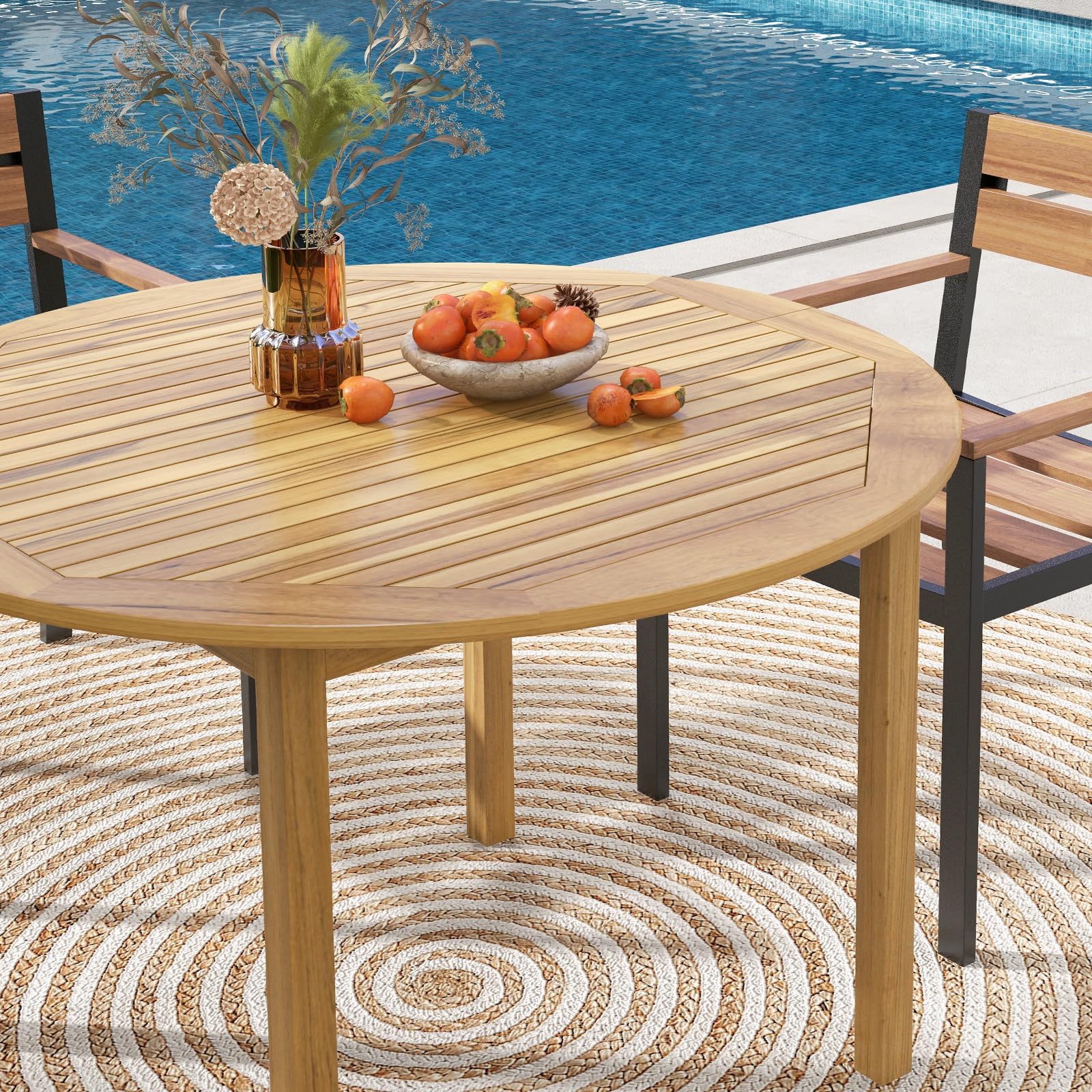 Tangkula Round Outdoor Dining Table, Acacia Wood Dining Table, 4-Person Large Dining Table, Farmhouse Patio Bistro Table, Indoor Outdoor Dining Furniture for Yard Deck Lawn Dining Room - WoodArtSupply