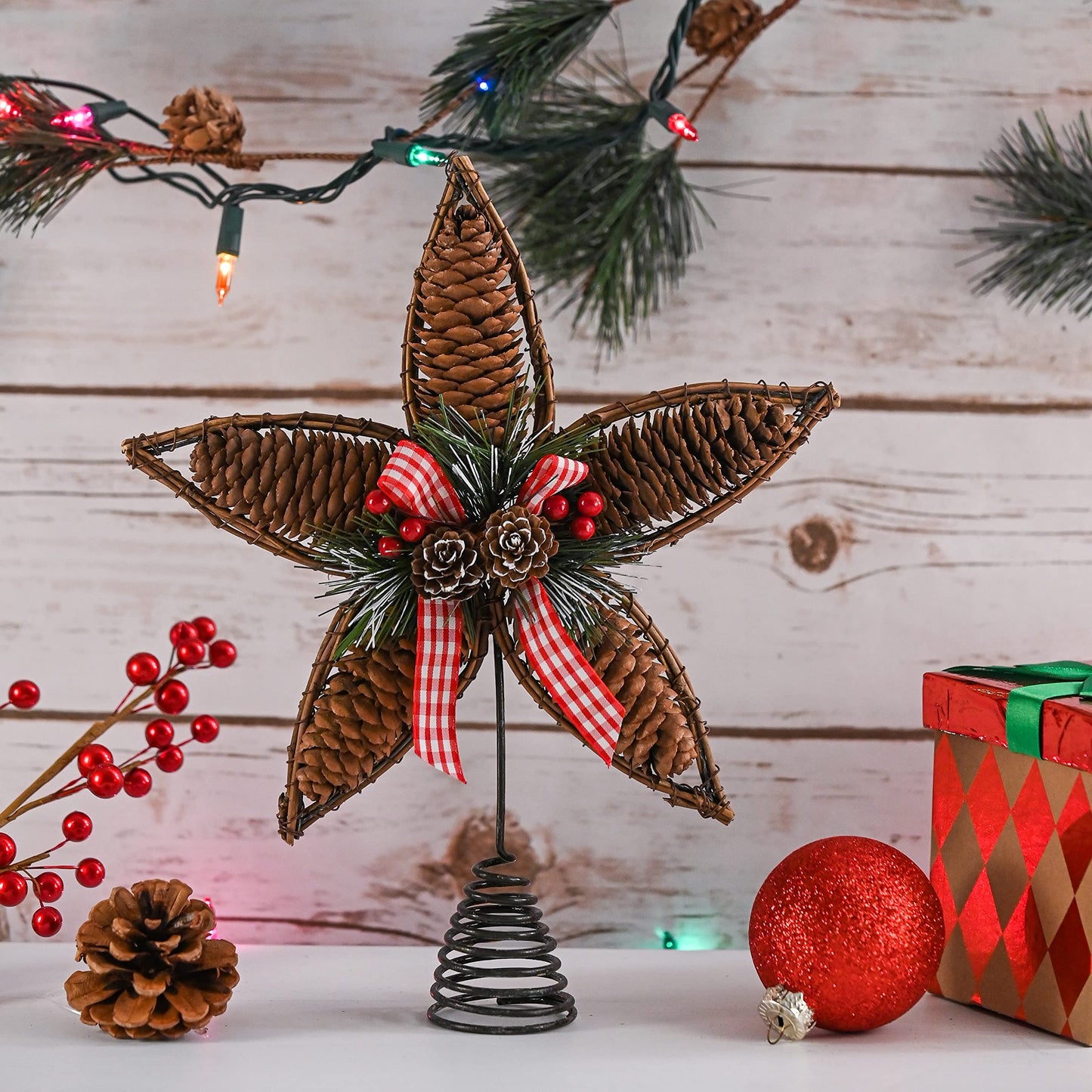 Ornativity Rattan Star Tree Topper - Christmas Rustic Acorn Pine Cone Tree Topper with Holly and Berry Decor Holiday Xmas Trees Top Decorations 11.5"