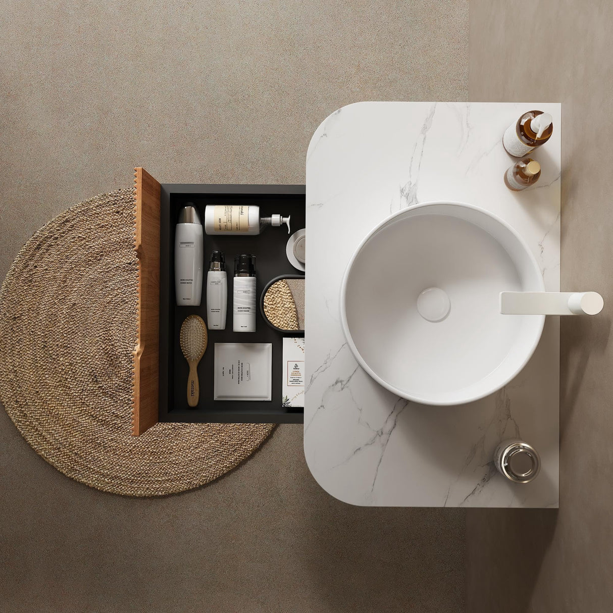 GUCOGUKA 30'' Floating Vanity with Sink Combo, Modern Wall-Mounted Curved Edges Striped Bathroom Storage Cabinet with Soft-Close Drawer and White Artificial Marble Basin, Natural Walnut GUCOGUKA