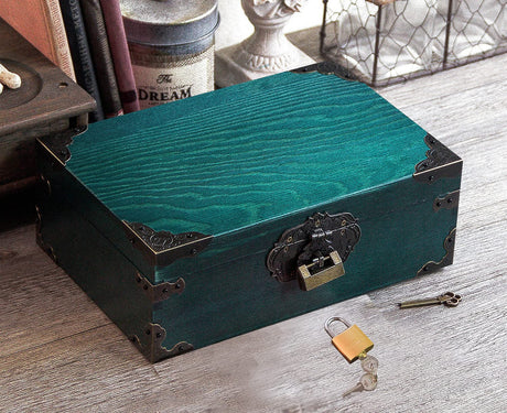 Wooden Keepsake Box, Decorative Wooden Box Vintage Handmade Wood Craft Box with Locks and Keys for Jewelry Gift Storage Box and Home Decor （Peacock blue-stained） (Blank no picture) jingcai