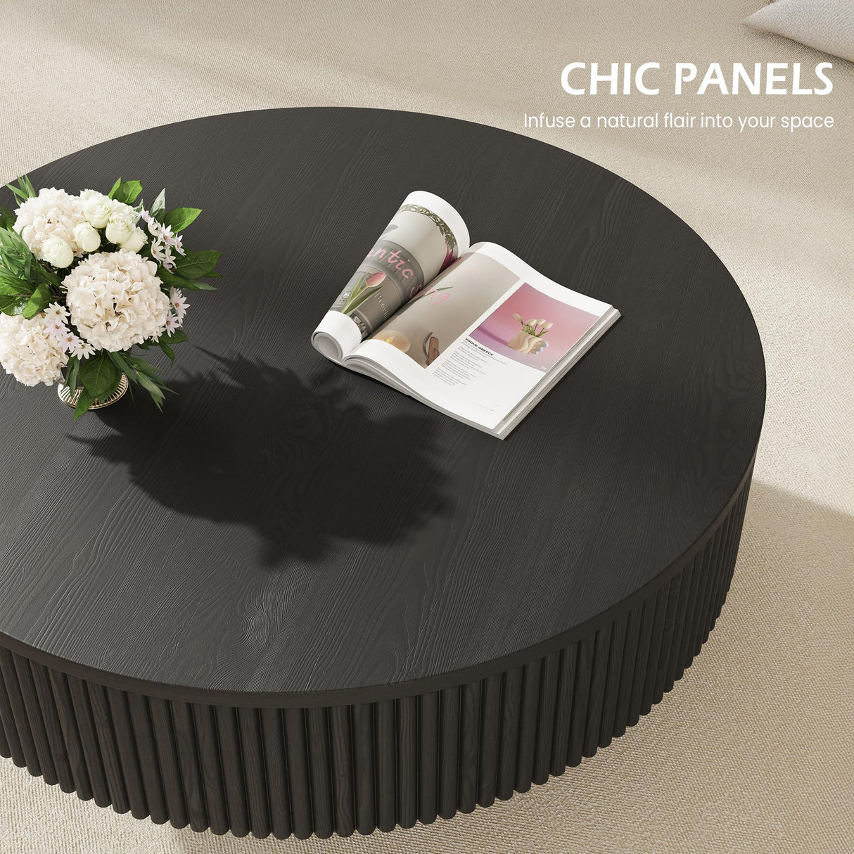 YOUDENOVA 31.5” Round Fluted Coffee Table, Modern Wood Circle Coffee Table, Veneer Handcrafted Relief Tea Table with Sturdy Pedestal for Living Room，Easy Assembly - Black YOUDENOVA