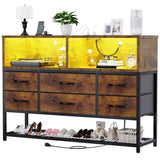 eiskah Dresser for Bedroom, 6 Drawers Led Dresser TV Stand with Power Outlets and LED Lights, Long Fabric Dressers Wide Chest of Drawers with Large Organizer Shoe Rack for Living Room, Entryway eiskah
