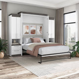 Bestar Orion Queen Murphy Bed with Storage Cabinets and Pull-Out Shelf (106W) in White and Walnut Grey, Sleeping Arrangement with Shelves Bestar