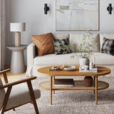 Sonia Bohemian 2-Tier Oval Coffee Table, Living Room Cane Table with Storage Shelf and Mid-Century Legs in Honey Brown Wood with Rattan Accent Nathan James