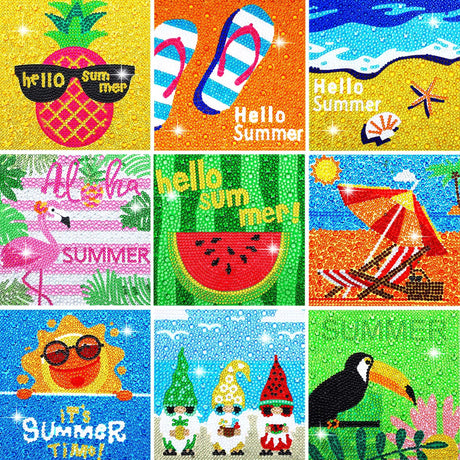Charniol 9 Pcs Summer Diamond Painting Kits Flamingo Pineapple Watermelon Full Round Drill Diamond Craft Handmade Square Drill Diamond Painting Art Diamond for Aloha Party Tropical Decoration Charniol