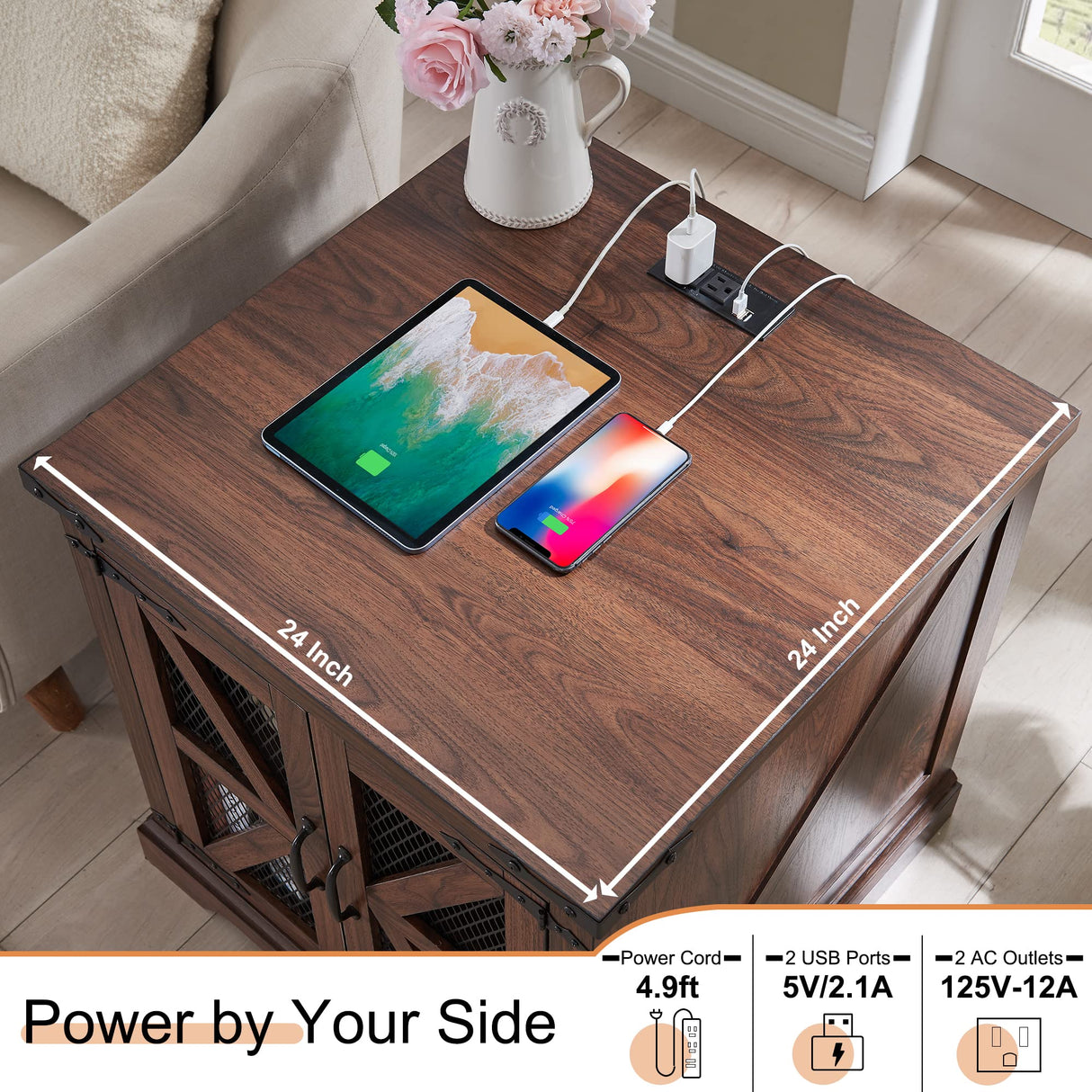 JXQTLINGMU Farmhouse End Table, 24" Large Sofa Side Table with Charging Station, Mesh Barn Door, and Adjustable Storage Shelf, Rustic Wood Square Nightstand for Living Room, Bedroom, Office, Brown JXQTLINGMU